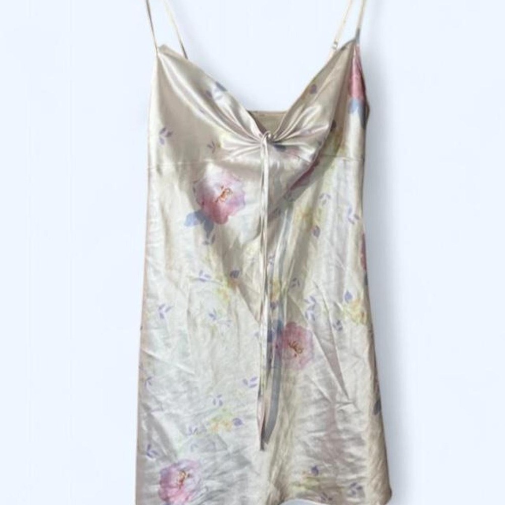 Satin Floral Watercolor V-Neck Slip Dress Adjustable Straps Small Pink Purple